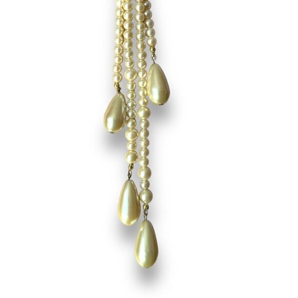 Lariat Double Strand Faux Pearl Teardrop Shape Dangle Tassel Necklace - Picture 3 of 9